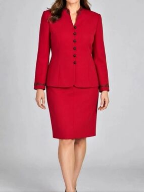 Le Suit Red Embellished Jacket & Skirt Set – Size 10. Like New